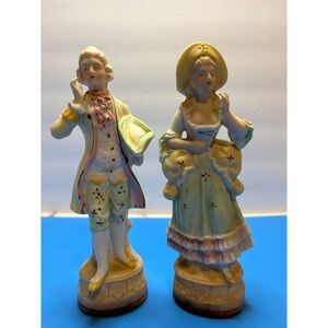 Vintage L&M Inc Porcelain Colonial Couple Figurines Bisque Hand Painted 8.5 Inch